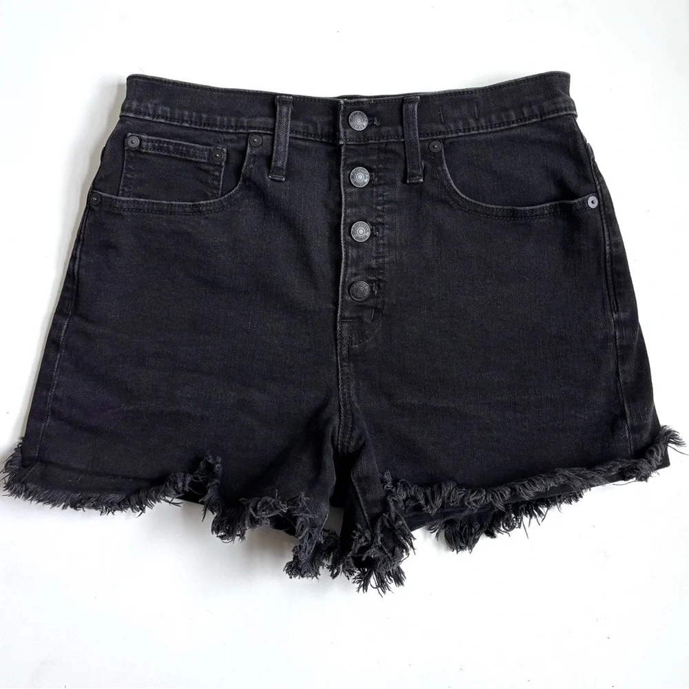 Madewell High Rise Frayed Hem Denim Jean Shorts Exposed Buttonfly Black Size 28